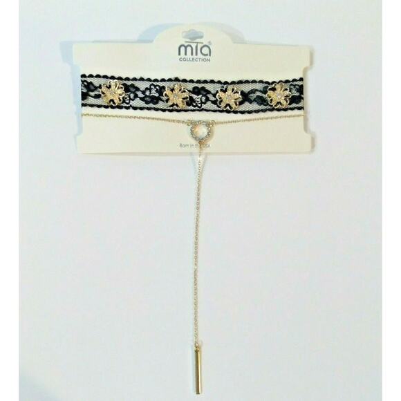 Mia Collection Black Lace & Gold Floral Choker + Diamond Studded Circle Necklace - Picture 10 of 11